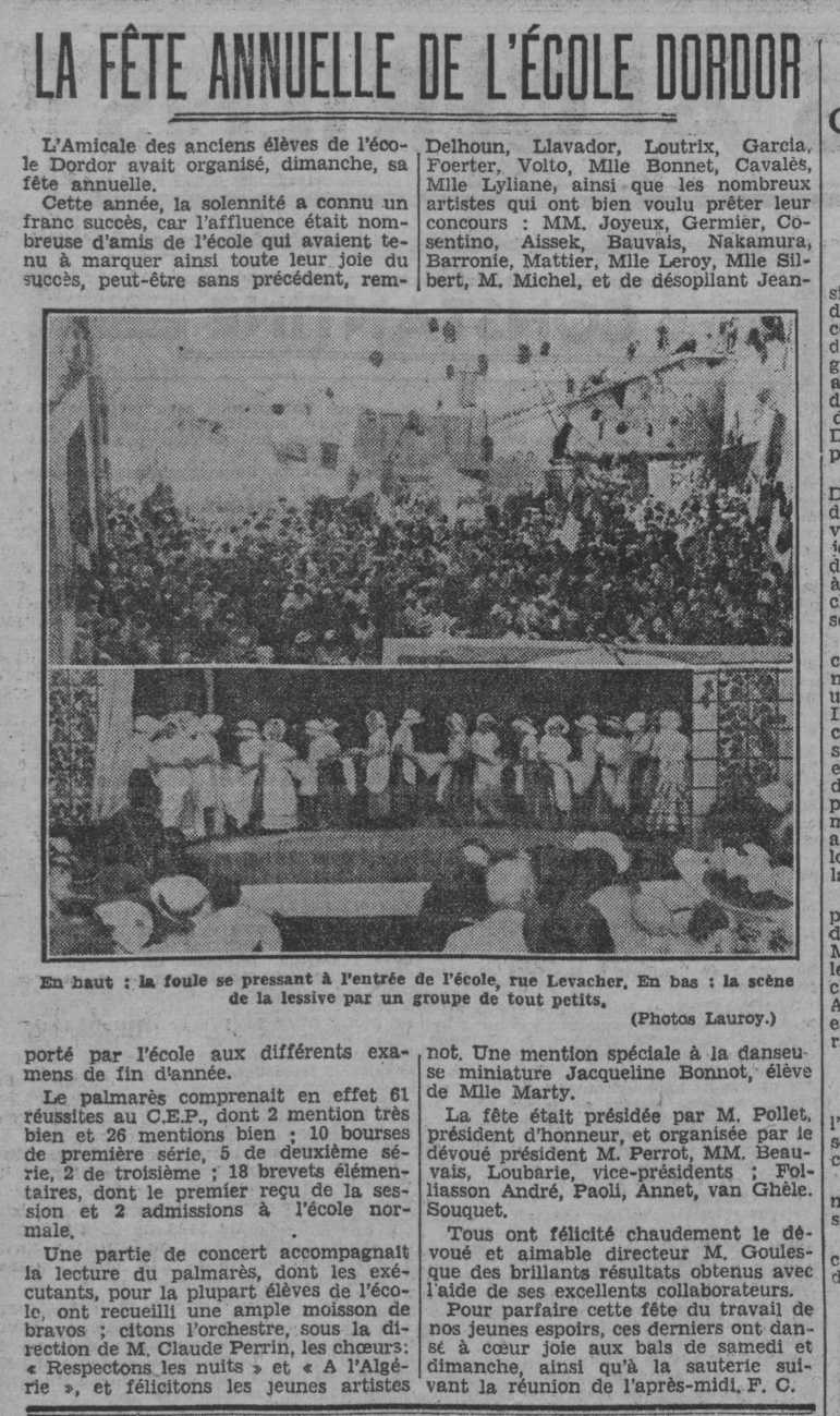 LA FETE de l'ECOLE DORDOR et la REMISE des PRIX...en 1937